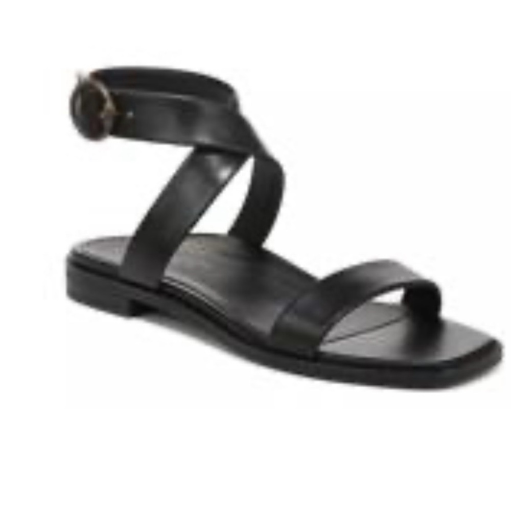 Vionic Poppy Anaya Flat Black Leather Sandal Supportive Adjustable Strap 8.5